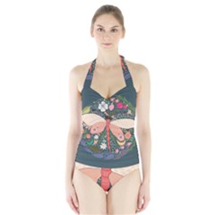 Bug Nature Flower Dragonfly Halter Swimsuit by Ravend