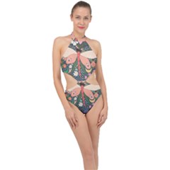 Bug Nature Flower Dragonfly Halter Side Cut Swimsuit by Ravend