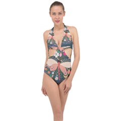 Bug Nature Flower Dragonfly Halter Front Plunge Swimsuit by Ravend