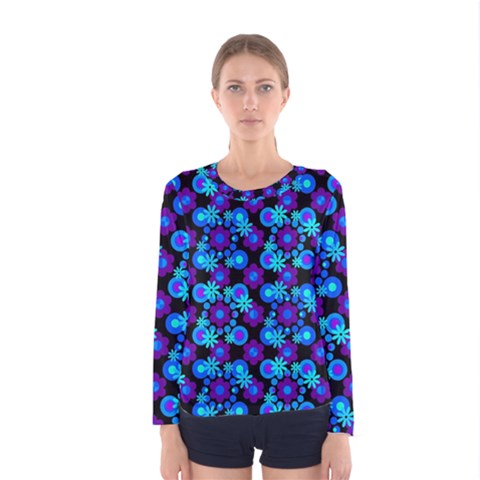 Bitesize Flowers Pearls And Donuts Purple Blue Black Women s Long Sleeve Tee by Mazipoodles