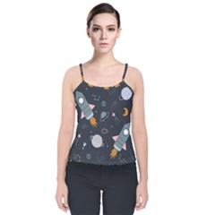 Space Background Illustration With Stars And Rocket Seamless Vector Pattern Velvet Spaghetti Strap Top by uniart180623