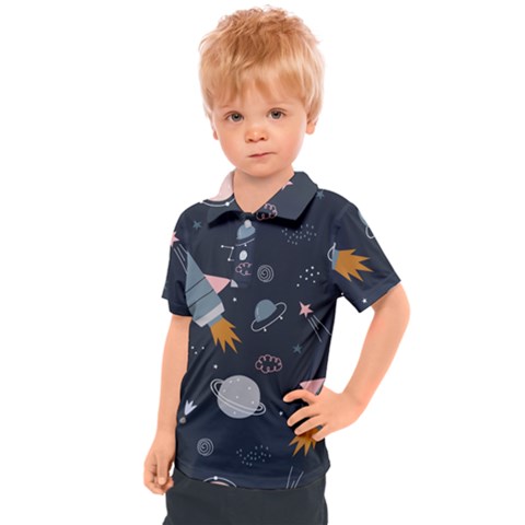 Space Background Illustration With Stars And Rocket Seamless Vector Pattern Kids  Polo Tee by uniart180623