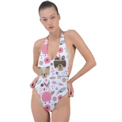 Pink Animals Pattern Backless Halter One Piece Swimsuit