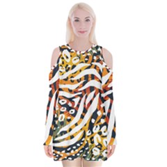 Abstract Geometric Seamless Pattern With Animal Print Velvet Long Sleeve Shoulder Cutout Dress