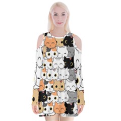 Cute-cat-kitten-cartoon-doodle-seamless-pattern Velvet Long Sleeve Shoulder Cutout Dress