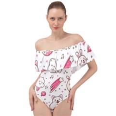 Cute-animals-seamless-pattern-kawaii-doodle-style Off Shoulder Velour Bodysuit  by Simbadda