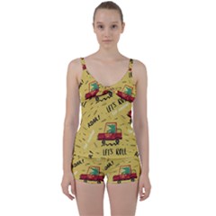 Childish-seamless-pattern-with-dino-driver Tie Front Two Piece Tankini by Simbadda