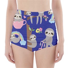 Hand-drawn-cute-sloth-pattern-background High-waisted Bikini Bottoms by Simbadda