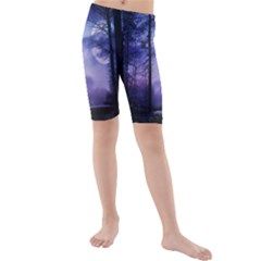 Moonlit A Forest At Night With A Full Moon Kids  Mid Length Swim Shorts by Proyonanggan