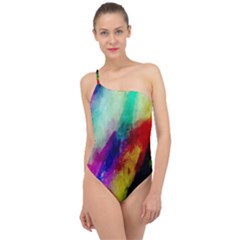 Colorful Abstract Paint Splats Background Classic One Shoulder Swimsuit by Proyonanggan