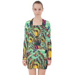 Monkey Tiger Bird Parrot Forest Jungle Style V-neck Bodycon Long Sleeve Dress by Grandong