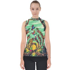 Monkey Tiger Bird Parrot Forest Jungle Style Mock Neck Shell Top by Grandong