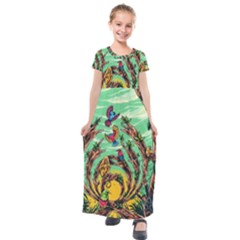 Monkey Tiger Bird Parrot Forest Jungle Style Kids  Short Sleeve Maxi Dress by Grandong