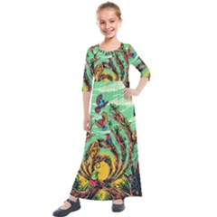 Monkey Tiger Bird Parrot Forest Jungle Style Kids  Quarter Sleeve Maxi Dress by Grandong