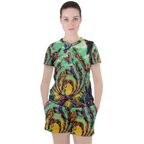 Monkey Tiger Bird Parrot Forest Jungle Style Women s Tee And Shorts Set by Grandong