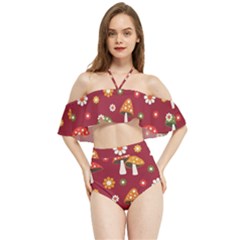 Woodland Mushroom And Daisy Seamless Pattern On Red Backgrounds Halter Flowy Bikini Set  by Amaryn4rt
