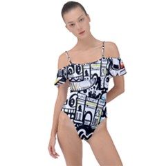 New York City Nyc Broadway Doodle Art Frill Detail One Piece Swimsuit by Grandong