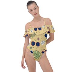 Seamless Pattern Of Sunglasses Tropical Leaves And Flower Frill Detail One Piece Swimsuit by Grandong