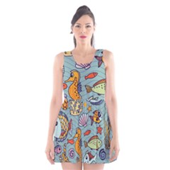 Cartoon Underwater Seamless Pattern With Crab Fish Seahorse Coral Marine Elements Scoop Neck Skater Dress by Grandong