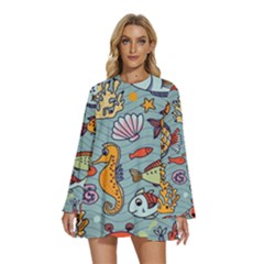 Cartoon Underwater Seamless Pattern With Crab Fish Seahorse Coral Marine Elements Round Neck Long Sleeve Bohemian Style Chiffon Mini Dress by Grandong
