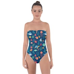 Variety Of Fish Illustration Turtle Jellyfish Art Texture Tie Back One Piece Swimsuit by Grandong
