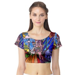Beauty Stained Glass Castle Building Short Sleeve Crop Top by Cowasu