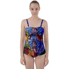 Beauty Stained Glass Castle Building Twist Front Tankini Set by Cowasu