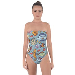 Cartoon Underwater Seamless Pattern With Crab Fish Seahorse Coral Marine Elements Tie Back One Piece Swimsuit by Bedest