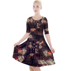Library-tunnel-books-stacks Quarter Sleeve A-line Dress by Bedest