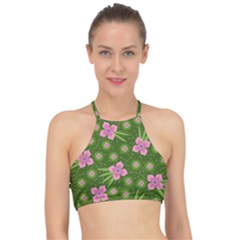 Pink Flower Background Pattern Halter Bikini Top by Ravend