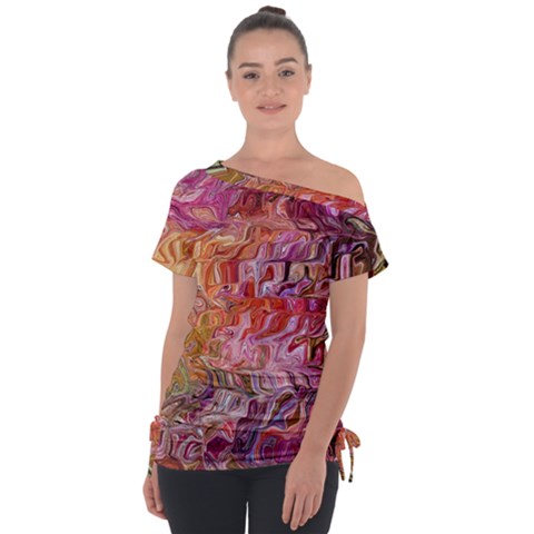 Abstract Crosscurrents Smudged Vibrance Off Shoulder Tie-up T-shirt by kaleidomarblingart