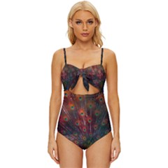 Peacock Feather Bird Knot Front One-piece Swimsuit