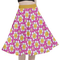 Cute Smile Face Chamomile A-line Full Circle Midi Skirt With Pocket by flowerland
