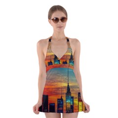 New York City Skyline Usa Halter Dress Swimsuit  by Ndabl3x