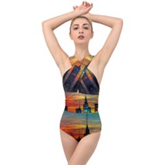 New York City Skyline Usa Cross Front Low Back Swimsuit by Ndabl3x