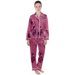 Butterfly, Girl, Pink, Wallpaper Women s Long Sleeve Satin Pajamas Set	