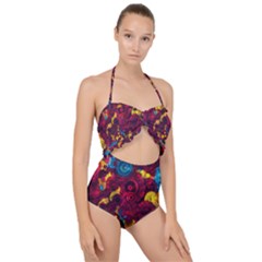Psychedelic Digital Art Colorful Flower Abstract Multi Colored Scallop Top Cut Out Swimsuit by Bedest