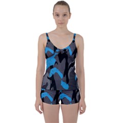 Blue, Abstract, Black, Desenho, Grey Shapes, Texture Tie Front Two Piece Tankini by nateshop