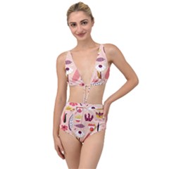 Scandinavian Flat Floral Background Coral Pink White Black Gold Pattern Tied Up Two Piece Swimsuit by Sarkoni