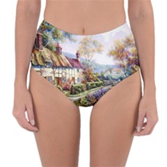 Colorful Cottage River Colorful House Landscape Garden Beautiful Painting Reversible High-waist Bikini Bottoms by Grandong