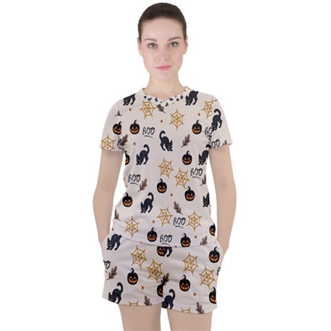 Cat Halloween Pattern Women s T-shirt And Shorts Set by Ndabl3x