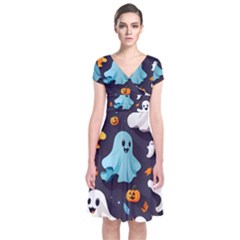 Ghost Pumpkin Scary Short Sleeve Front Wrap Dress