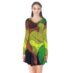 Colorful Autumn Leaves Texture Abstract Pattern Long Sleeve V-neck Flare Dress by Grandong