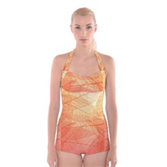 Abstract Texture Of Colorful Bright Pattern Transparent Leaves Orange And Yellow Color Boyleg Halter Swimsuit  by Grandong