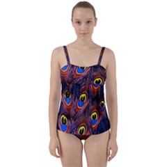 Peacock-feathers,blue,yellow Twist Front Tankini Set by nateshop