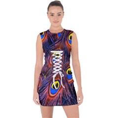 Peacock-feathers,blue,yellow Lace Up Front Bodycon Dress