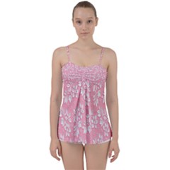 Pink Texture With White Flowers, Pink Floral Background Babydoll Tankini Top