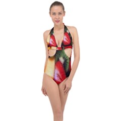 Fruits, Food, Green, Red, Strawberry, Yellow Halter Front Plunge Swimsuit by nateshop