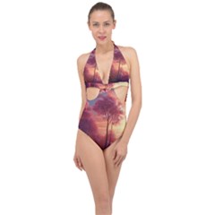 Pink Nature Halter Front Plunge Swimsuit by Sparkle