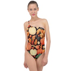 Thanksgiving Pattern Classic One Shoulder Swimsuit by Valentinaart